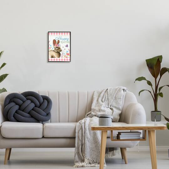 Stupell Industries Happy Easter Floral Gingham Rabbit Framed Giclee Art